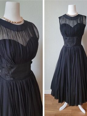 1950s Black Chiffon and Taffeta Full Skirt Party Cocktail Dress